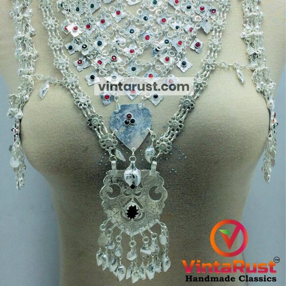 Massive Silver Kuchi Bib Necklace, Tribal Bib Necklace With Dangling Tassels - Picture 8 of 9